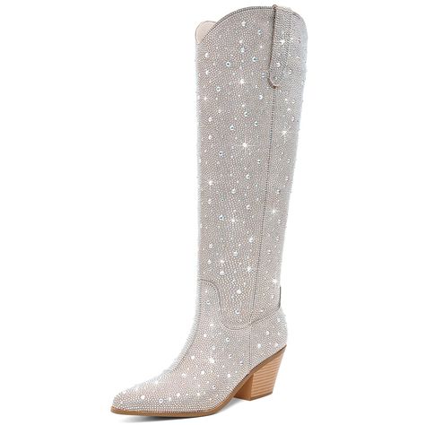 PRICES MAY VARY. Quality: The lining is made of soft fabric for a more comfortable wear. Made with high-quality rhinestone and a soft and breathable lining, these mid calf cowgirl boots offer both fashion and comforttable. Rhinestones all over the upper of the boots, improved rhinestone paste process, not easy to fall off. Fashion: Stylish and comfortable knee-high cowboy boots for women, perfect for country concerts and cowgirl outfits. Sparkly rhinestone accents on the boots give them a unique Sparkly White Boots, Rhinestone Cowgirl Outfits, Women Cowboy Boots, Cowgirl Rhinestone, Sparkly Boots, Knee High Cowboy Boots, Rhinestone Cowgirl, White Cowboy Boots, Boots Cowgirl