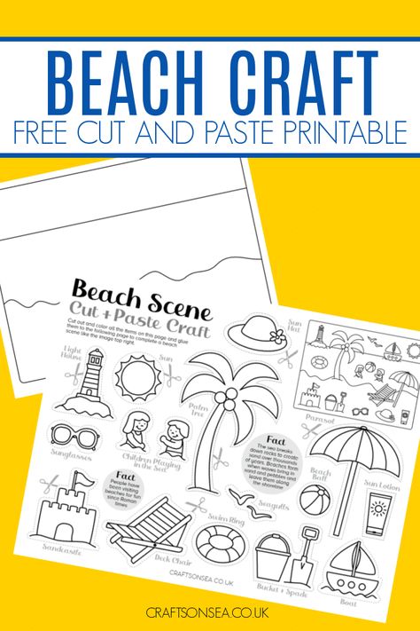 Cut and Paste Beach Craft (FREE Printable) Summer Holiday Crafts, Summer Free Printables, Summer Paper Crafts, Beach Themed Activities For Kids, Beach Theme Crafts, Beach And Ocean Theme Preschool, Cut And Paste Crafts, Beach Activities Preschool, Pre K Beach Theme Activities