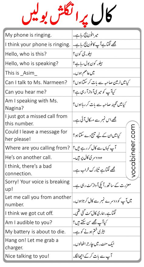 Phone Call English Sentences with Urdu Translation Learn English Sentences, Daily English Sentences, English Sentences For Daily Use, Daily Use English Words, Daily English Words, Simple English Sentences, English Meaning, English Sentence, Basic English Sentences