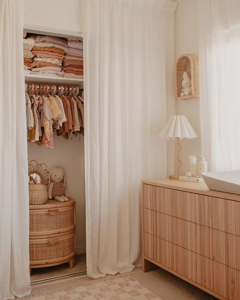 Curtain Wardrobe Doors Bedrooms, Curtain Over Wardrobe, Wardrobe Curtains Ideas, Linen Curtain Wardrobe, Curtain Hide Storage, Curtains For Wardrobe Doors, Wardrobe With Curtain Doors, Open Wardrobe Curtain Ideas, Hide Clothes Rack