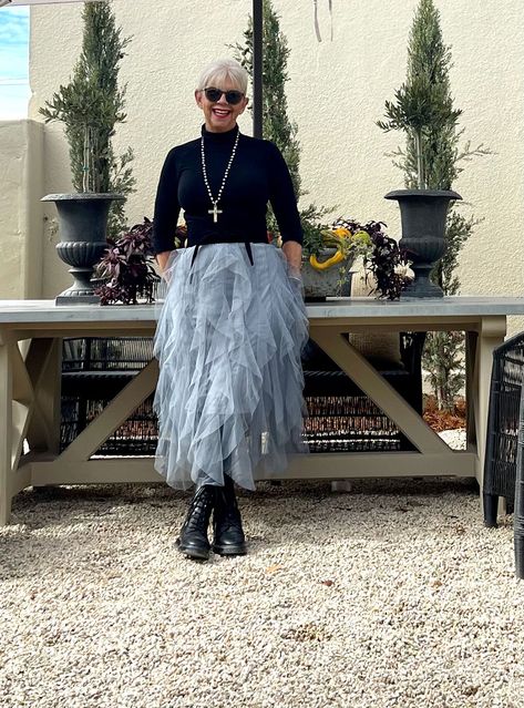 How to Rock Creative Holiday Looks after 50 - Cindy Hattersley Design Tulle Skirt And Boots, Tulle Skirt And Doc Martens, Tulle Midi Skirt With Boots, Dresses With Tulle Skirts, Tulle Skirt Cowboy Boots Outfit, Tulle Skirt Boots Outfit, Women Tulle Skirt Outfit, Tulle Skirt Combat Boots Outfit, Tulle Skirt Outfit Over 50