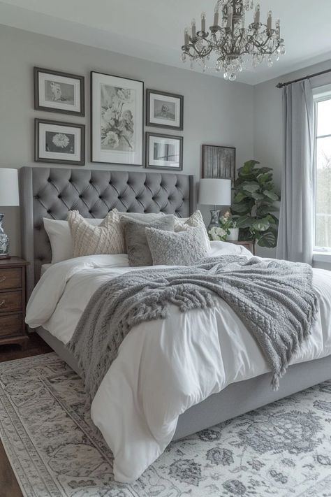 Cozy Glam Bedroom Decor: Transform Your Space Stylishly - Puqqu Grey Guest Room Ideas, Bedroom Ideas For Grey Walls, Bedroom Inspo Grey Walls, Wanda Bedroom, Grey Master Bedrooms Decor, Gray Bedroom Decor, Beige And Grey Bedroom, Cozy Glam Bedroom, Grey Bedrooms