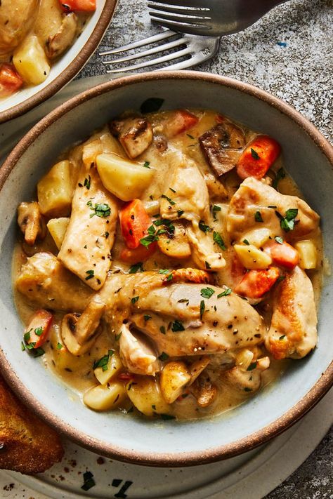 Creamy Chicken Stew Food And Wine, Food And Wine Creamy Chicken Stew, Easy Comfort Recipes, Creamy Chicken Stew Recipe, Rainy Day Chicken Recipes, Cozy Chicken Dinner Recipes, Cozy Chicken Recipes, Stew Recipes Chicken, Healthy Cozy Dinner Recipes