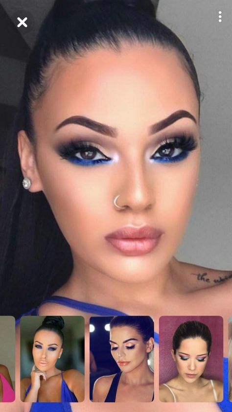 Eyeshadow To Match Blue Dress, Make Up Ideas With Blue, Make Up Look Blue Dress, Navy Blue And Brown Makeup, Eyeshadow With Royal Blue Dress, Blue Eye Show Makeup, Makeup Ideas To Match A Blue Dress, Cobalt Blue Makeup Look, Royal Blue Under Eye Makeup