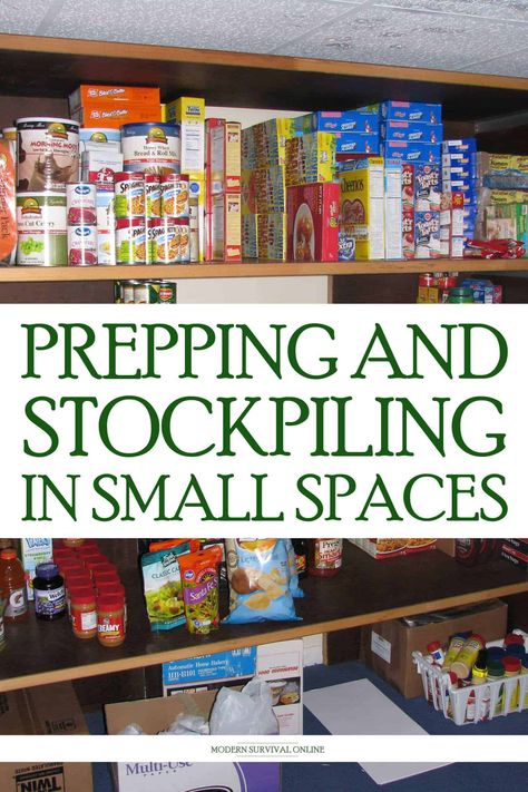 Food Storage Small Spaces, Food Storage For Small Spaces, Prepper Storage Ideas, Prepping Organization, Cold Room Storage Ideas, Food Storage Organization Stockpile, Stockpile Pantry, Apartment Prepping, Prepper Storage