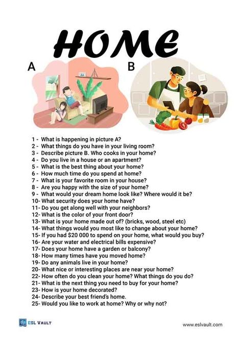 25 home conversation questions - ESL Vault Describe Your Best Friend, Conversation Questions, Speaking Practice, English Speaking Practice, English Teaching Resources, About Me Questions, Vocabulary Worksheets, Work Activities, Writing Worksheets