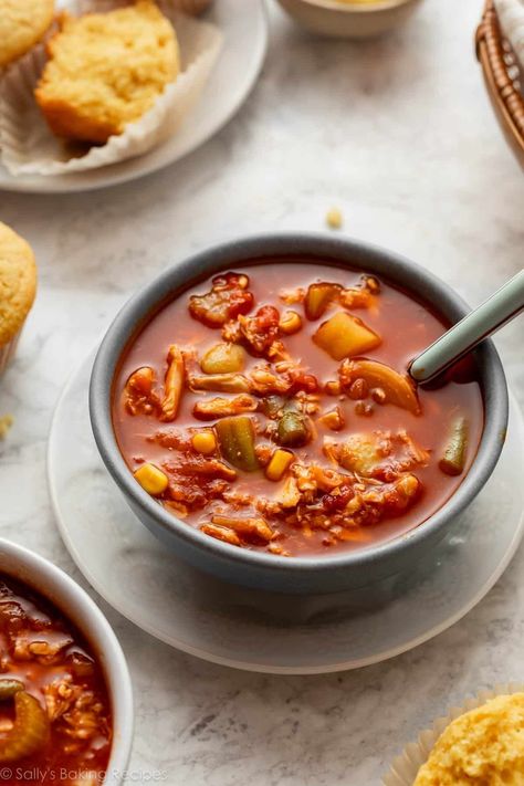 A tomato- and broth-based soup full of healthy vegetables and the delicate flavor and texture of lump blue crab, Maryland crab soup is a local staple that deserves to be shared far and wide. This is a generously seasoned family favorite, and welcomes many substitutions based on what you have on hand. Recipe on sallysbakingaddiction.com Vegetable Crab Soup Maryland, Crab Soup Maryland, Vegetable Crab Soup, Maryland Crab Soup, Crab Soup, Blue Crab, Healthy Vegetables, Family Favorites, Soups And Stews