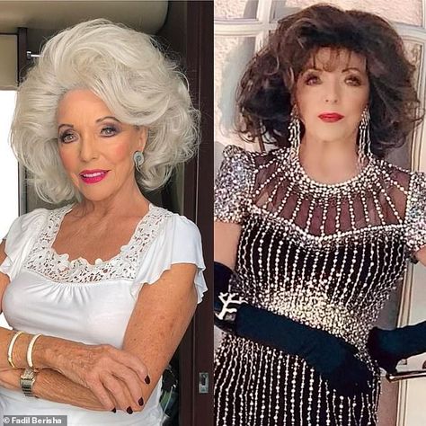 New look: Dame Joan Collins ditched her brunette locks on Thursday as she donned a blonde wig while transforming into a new American Horror Story character Silver Wig, Natural Brunette, Celebrity Mansions, Coat And Dress, Dame Joan Collins, Silver Wigs, Donna Mills, Linda Thompson, Joan Collins