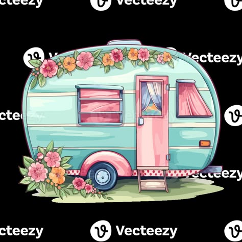 Super cute Spring Caravan, Summer Holiday Caravan Traveling Sticker, truck travel, Travel trailer illustration. Trailer Illustration, Caravan Illustration, Wooden Caravan, Cute Caravan, Camper Painting, Caravan Art, Sublimation Pictures, Caravan Pictures, Vintage Camper Art