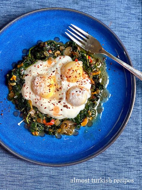 Almost Turkish Recipes: Poached Eggs with Sautéed Spinach (Ispanaklı Poşe Yumurta) Turkish Spinach Recipe, Spinach With Eggs, Yogurt Sauce Recipe, Turkish Eggs, Sauteed Greens, Beet Greens, Sauteed Spinach, Yogurt Sauce, Spinach Recipes