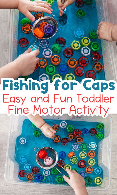 Fishing for Caps Toddler Fine Motor Water Play - In The Playroom Sensory Bins Transportation, Toddler Water Play Ideas, Fishing Activities For Toddlers, One Year Old Activities Daycare Lesson Plans, Water Lesson Plans For Toddlers, Indoor Water Activities For Toddlers, Toddler Room Activities, Hot Day Activities Toddler, Water Art For Toddlers