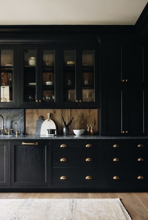 Kitchen With Dark Cabinets, Moody Kitchen, Dark Brown Cabinets, Kate Marker Interiors, Black Countertops, Glass Front Cabinets, Black Kitchen Cabinets, Dark Kitchen, White Backsplash