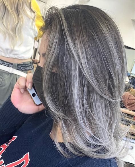 Silver Gray Highlights, Blue Eyes Grey Hair, Gray Hair With Black Lowlights, Ash Brown With Gray Highlights, Gray Bayalage Hair, Black With Gray Highlights, Gray Lowlights, Silver Blending Highlights, Balayage Men