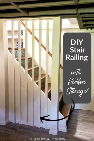 Who doesn't need more storage?! We devised a DIY stair railing that looks sleek and modern and has a secret: hidden storage under stairs! Our basement stairs look great, are safe and hide some bulky items! Full how to tutorial here. Diy Basement Stairs Makeover, Storage Under Stairs, Under Stairs Dog House, Stairs Makeover Design, Diy Stairs Makeover, Basement Staircase, Diy Stair Railing, Basement Steps, Basement Decoration