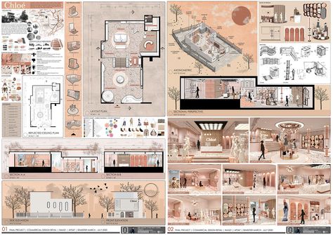 Retail Store Plan, Interior Design Presentation Boards, Interior Design Illustration, Architecture Degree, Baba Nyonya, Chloe Brand, Fashion Store Design, Interior Design Portfolio Layout, Composition Board