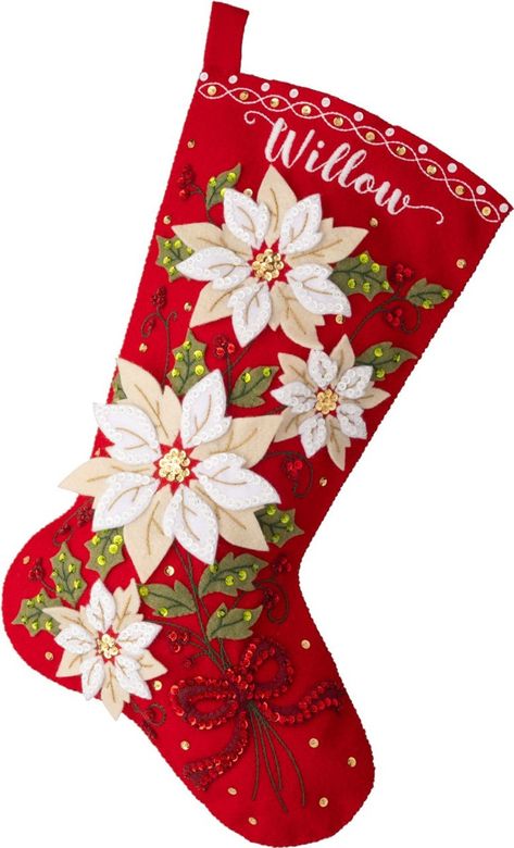 Add elegance to your mantel with this gorgeous posh poinsettia stocking! A handmade heirloom to adorn the holiday mantel for years to come.  Give the gift of a personalized treasure.  The stockings will surely be hung by the fireplace with care. *  Stocking is made of felt and measures 18 inches *  Stocking is lined for durability As a child, the felt and sequined handmade creations my mother made held special magic in my eyes.  I make these beautiful sparkly creations as a tribute and to carry on the Christmas magic that still exists. Natal, Felt Stocking Kit, Christmas Stocking Kits, Christmas Craft Kit, Felt Christmas Stockings, Holiday Mantel, Felt Stocking, Handmade Stocking, Applique Kit