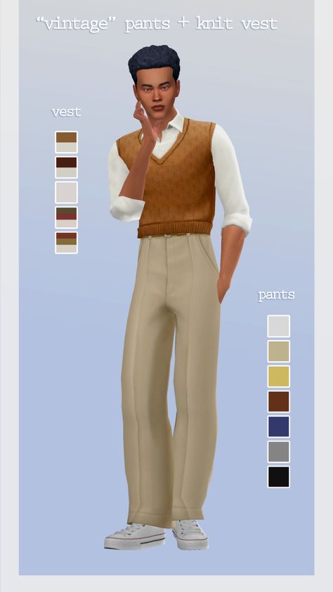 A long version of my 30s shorts and a matching vest. Inspired by 30s and 40s vests (+ hiiiigh waisted pants). BGC custom thumbnail disabled for random Download - Dropbox Sims 4 Maxis Match Men, Sims 4 Cc Clothes Maxis Match Male, Sims 4 Men Clothing Maxis Match, Sims 4 Men Clothing, Sims 4 Decades Challenge, Sims 4 Male Clothes, Maxis Match Cc, Pelo Sims, The Sims 4 Packs