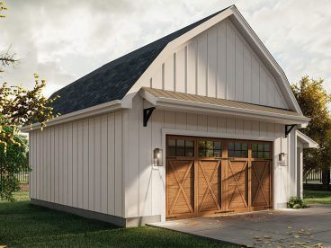 Modern Farmhouse Garage, Garage With Workshop, Detached Garage Designs, Garage Workshop Plans, Farmhouse Garage, Wood Garage, Workshop Plans, Garage Exterior, Gambrel Roof