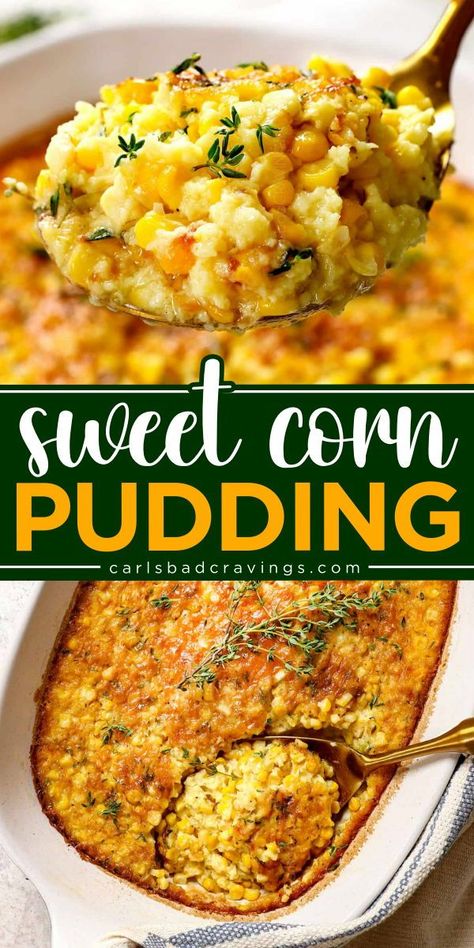 Delight your guests with Sweet Corn Pudding, a must-try Thanksgiving side dish idea, or an easy Christmas side dish! This make ahead friendly dish combines fresh corn, cream style corn, eggs, heavy cream, and cornstarch for a creamy treat. Try it now! Sweetcorn Recipes Side Dishes, Healthy Corn Pudding, Creamed Corn Pudding, Thanksgiving Corn Pudding, Corn Dish Thanksgiving, Thanksgiving Corn Recipes Side Dishes, Corn Pudding Without Jiffy, Thanksgiving Corn Dish, Corn Side Dish Recipes Thanksgiving