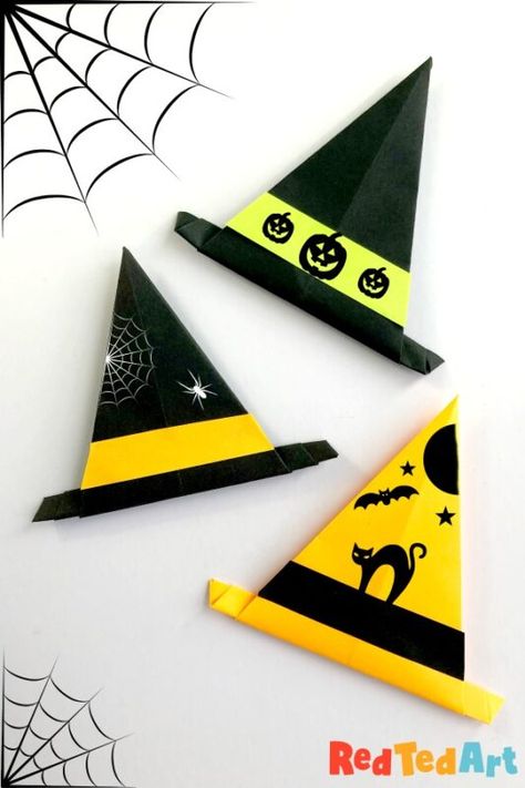 Origami For Halloween, Paper Folding For Kids, Origami Witch, Origami Halloween, Halloween Origami, Easy Origami For Kids, Halloween Crafts Preschool, Red Ted Art, Spatial Awareness