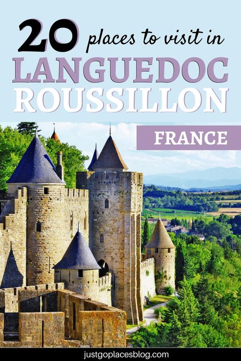 The Languedoc Roussillon region is located in the Southwest of France, and offers something for everyone, including charming cities, mountains, and the beautiful Mediterranean sea. The best things to do in Languedoc, France include visiting  Carcassone, Perpignan, and the Camargue - but there’s much more! Click to know more. #france #travelling #travelblog #destinationguide - via @justgoplaces Andorra Travel, Languedoc France, Fortified City, French Trip, Roussillon France, Carcassonne France, Moustiers Sainte Marie, France Itinerary, 7 Continents