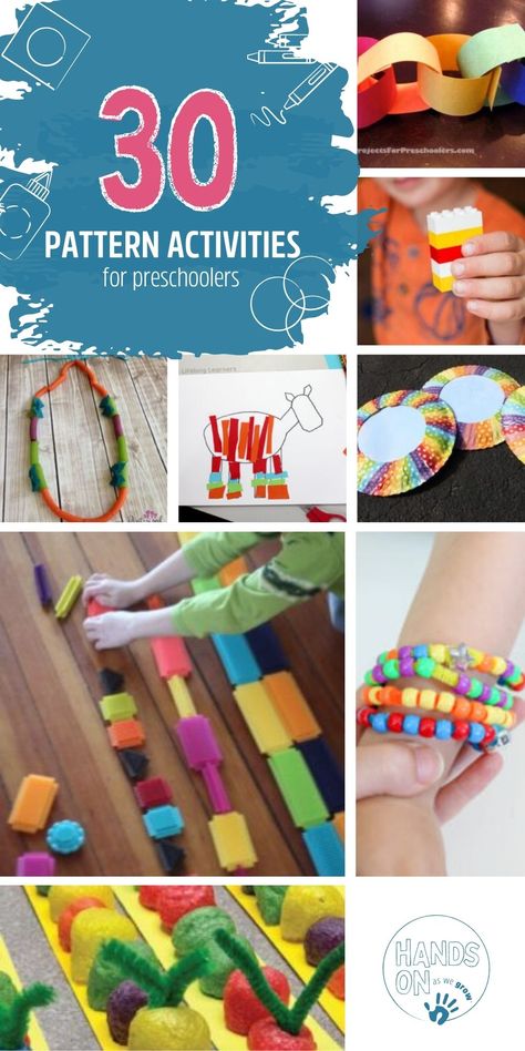 Patterns are an importing concept to teach preschoolers, so we have gathered a bunch of pattern activity ideas just for you to do at home! https://handsonaswegrow.com/30-pattern-activities-for-preschoolers/ Pattern Craft Kindergarten, Patterns In Preschool, Patterning Activities For Kindergarten, Hands On Pattern Activities, Pattern Crafts For Kindergarten, Hands On Pattern Activities For Kindergarten, Free Pattern Activities For Preschool, Patterning Activities For Preschool, Grade 1 Patterning Activities