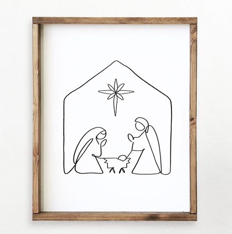 Christmas Drawing Nativity, Nativity Scene Line Drawing, Draw Nativity Scene Easy, Simple Nativity Art, Diy Christmas Cards Nativity, Simple Manger Scene Drawing, Modern Nativity Painting, Nativity Scene Outline, Christmas Wood Burning Patterns