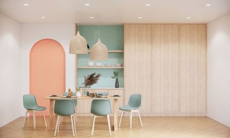 Japandi style dining room interior with soft pastel colour,3d realistic rendering Japandi Interior Design, Dining Room Interior, Style Dining Room, Pastel Interior, Japandi Interior, Wood Accent Wall, Dining Room Interiors, Japandi Style, Elegant Furniture