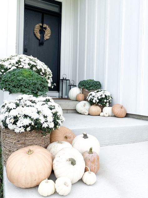 White Mums And Pumpkins, Outdoor Corner Fall Decor, Halloween Porch Steps, Fall Porch Pumpkin Display, White Pumpkins Front Porch, Mums Front Door, Outdoor Mum Display, White Mums Front Porch, Pumpkin Porch Display