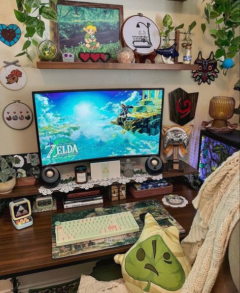 Zelda Gaming Setup, Zelda Inspired Room, Zelda Themed Room, Whimsigoth Room, Nintendo Room, Switch Aesthetic, Relaxing Corner, Pokemon Room, Diy Room Decor For Teens