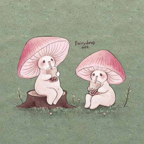 Mycena Rosea, Mushroom Wallpaper, Mushroom Drawing, Japon Illustration, Cute Doodle Art, Anime Animals, Mushroom Art, Tea Art, Boba Tea