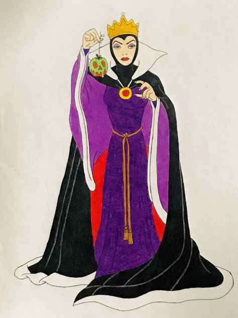 Drawing of the Evil Queen from Snow White and the Seven Dwarfs Evil Queen Drawing, Evil Queen From Snow White, Snow White Witch, Calm Summer, Queen Drawing, The Evil Queen, 7 Dwarfs, Evil Witch, Queen Outfit