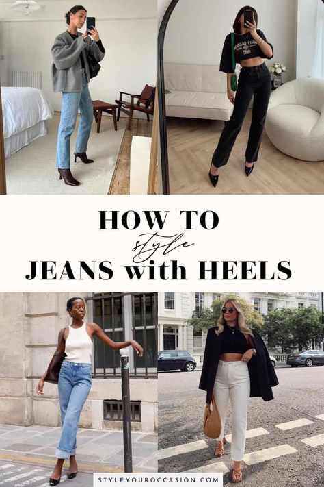 Looking for stylish jeans and heels outfit ideas? This list of jeans and heels outfits has tons of options for spring, summer, fall, and winter. Whether you want heels and jeans for a night out at the club, a dressy option for date night, a casual going out look, or classy jeans with heels and blazer for work, you’ll find the perfect aesthetic here! Jeans And Heels Outfit Dressy Classy, Outfit Ideas Dressy Casual, Jeans Night Out Outfit, Low Heels Outfit, Blue Jeans Outfit Winter, Nude Heels Outfit, Block Heels Outfit, Heels Outfit Ideas, Jeans And Heels Outfit