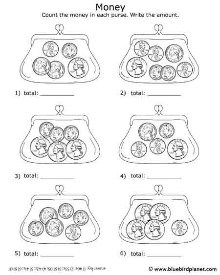 Free printable black & white worksheets for preschool, Kindergarten, 1st, 2nd, 3rd, 4th, 5th grades. Counting Money. Adding Coins in the purse. Counting Coins Worksheet, Counting Money Worksheets, Money Math Worksheets, Learning Money, Teaching Money, Counting Coins, Money Math, Money Worksheets, Counting Money