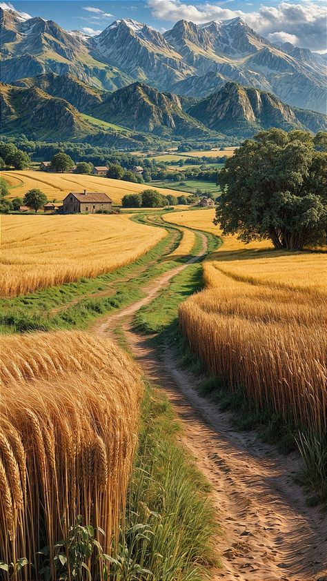 Fields And Mountains, Rural Painting Landscapes, Breathtaking Places Nature, Wheat Field Aesthetic, Farmland Aesthetic, Wheat Field Photography, Wheat Field Painting, Farmland Landscape, Golden Wheat Field