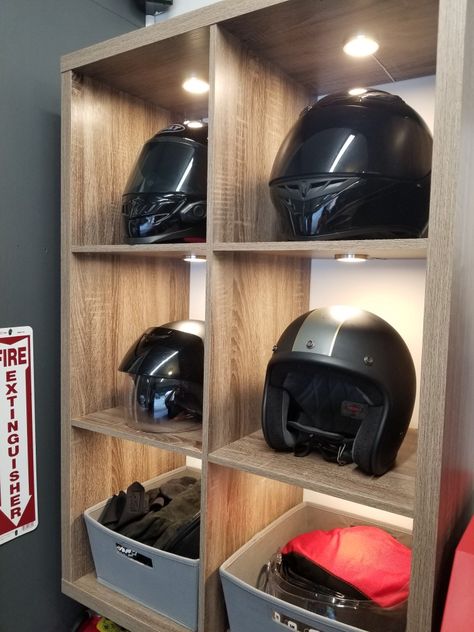 Motorcycle helmet and gear storage cabinet for my garage Motorcycle Helmet Shelf, Garage Helmet Storage Ideas, Helmet Storage Ideas At Home, Garage Snowmobile Storage, Motorbike Gear Storage, Motorcycle Gear Organization, Motorbike Helmet Storage, Biker Garage Ideas, Motorcycle Gear Storage Ideas