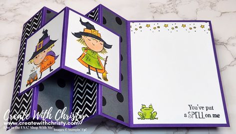 Video Tutorial Included - It's time for my 12 Weeks of Fall & Halloween 2022 - Week #3 project. It's an accordion style fun fold card that features the Stampin' Up! Best Witches Stamp Set - Create With Christy - Christy Fulk, Independent Stampin' Up! Demonstrator (USA) Stampin Up Best Witches Cards, Stampin Up Best Witches, Halloween Treat Holders, Jackie Bolhuis, Diy Crafts Tutorials, Fall Cards Handmade, Accordion Cards, Halloween Paper Crafts, Carte Halloween