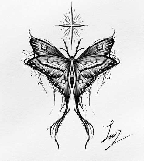 Edgy Moth Tattoo, Luna Moth Drawing Tattoo, Gothic Luna Moth Tattoo, Chinese Moth Tattoo, Moth Hip Tattoo, Gothic Style Tattoos For Women, Creepy Butterfly Tattoo, Moth Thigh Tattoo, Goth Moth Tattoo