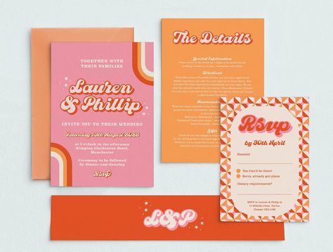 Retro 1970s wedding invitations - printed wedding invites - Groovy 70's wedding stationery - retro wedding Boho Retro Wedding Invitations, 70s Retro Wedding Invitations, 70s Wedding Invite, 70s Wedding Invitation, Retro Wedding Invites, Colourful Invitations, Retro Wedding Stationery, Sienna Wedding, Quirky Wedding Invitations