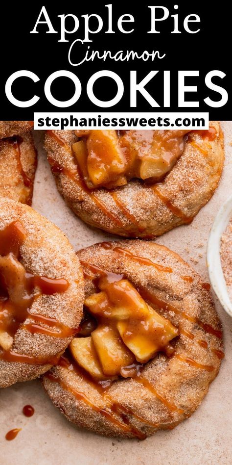 These apple pie cookies are cinnamon thumbprint cookies with apple filling. They are coated in cinnamon and topped with a drizzle of salted caramel.