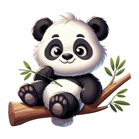 Pandas, Panda On Tree, Panda Tree, Clean White Background, Simple Vector Illustration, Cute Panda Cartoon, Premium Vector Cartoon, Panda Illustration, Panda Baby