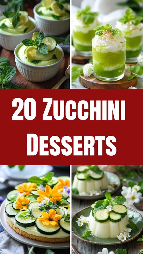 20 zucchini desserts including cakes, parfaits, and puddings garnished with mint and flowers. Zucchini Dessert Recipes, Zucchini Dessert, Zucchini Chocolate Chip Cookies, Zucchini Desserts, Carrot Zucchini Muffins, Zucchini Cupcakes, Cinnamon Streusel Muffins, Moist Zucchini Bread, Zucchini Oatmeal