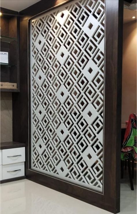 Partition wall decor Jali Partition Design, Cnc Jaali Design, Living Dining Partition, Cnc Jali Design, Wooden Partition Design, Modern Steel Gate Design, Exterior Wall Art, Wall Partition Design, House Front Door Design