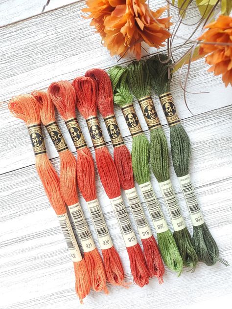 ❤ PRODUCT DETAILS ❤ DMC Set of Flosses- 8 Skeins DMC Art. 117 8 cotton skeins to inspire your next project.  Each skein measures (8m/8.7yds each) Made in France  IF WE ARE MISSING 1 SKEIN FROM THE ABOVE LIST WE WILL SEND THE CLOSEST COLOR. IF MORE THAN 1 IS MISSING YOU WILL BE CONTACTED Colors included:  918 Dark Red Copper  919 Red Copper 920 Medium Copper Floss  921 Copper  922 Light Copper  935 Dark Avocado Green 936 Very Dark Avocado Green 937 Medium Avocado Green   IF WE ARE MISSING 1 SKEIN Dmc Colour Combinations, Dmc Colour Palettes, Dmc Color Palette Embroidery, Dmc Embroidery Floss Color Palettes, Dmc Green Palette, Embroidery Floss Crafts, Vintage Color Schemes, Cross Stitch Floss, Dmc Embroidery