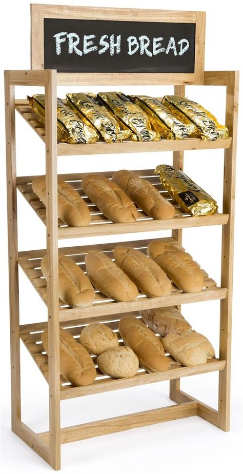 36”w Bakery Display Rack, 4 Shelves & Chalkboard Header, Wood - Oak Bread Display, Bakery Shop Design, Bakery Interior, Bakery Design Interior, Grocery Store Design, Bread Shop, Bakery Display, Supermarket Design, Breakfast And Brunch