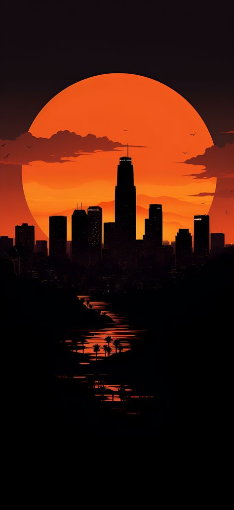 Warm orange aesthetic view of the Los Angeles skyline including the U.S. Bank Tower. Black And Orange Iphone Wallpaper, Minimal Sunset Wallpaper, Iphone Wallpaper Orange Aesthetic, Orange Wallpapers For Iphone, Black And Orange Wallpaper Iphone, Orange And Black Aesthetic Wallpaper, Orange Iphone Wallpaper Aesthetic, Orange Aestethic Wallpaper, Aesthetic Wallpaper Iphone Sunset