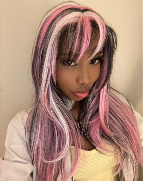 Cyvery2k Aesthetic, Brown And Pink Sew In, Pink Skunk Hair Curly, Pink Hair Black Tips, Pink Racoon Tail Hair, Pink And Black Hair Black Women, Gyaru Hair Color, Draculaura Hair Dye, Pink Black And Blonde Hair