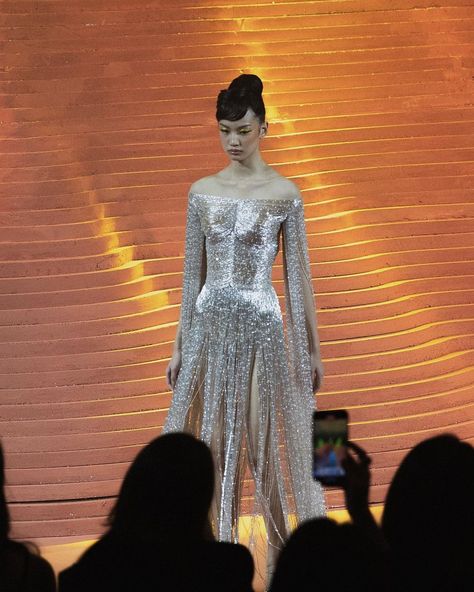 Yogie Pratama on Instagram: "A masterpiece unfurled, a thousand hours whispered into existence. The silver-fringed dress, crafted from luminescent threads, an earthly…" Alien Clothes, 90s Runway Fashion, Runway Dresses, Dreamy Dress, Fringe Dress, Gala Dresses, Beautiful Gowns, Fancy Dresses, Bentley