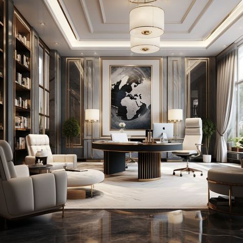 Every detail in the CEO room speaks of Dubai’s passion for luxury interior design. Chairman Office Design, Luxury Study Room Design, Luxury Office Interior Ceo, Ceo Room Design, Luxury Office Ideas, Dream Office Luxury, Ceo Office Interior Design, Work Desk Setup, Ceo Office Design Luxury Modern