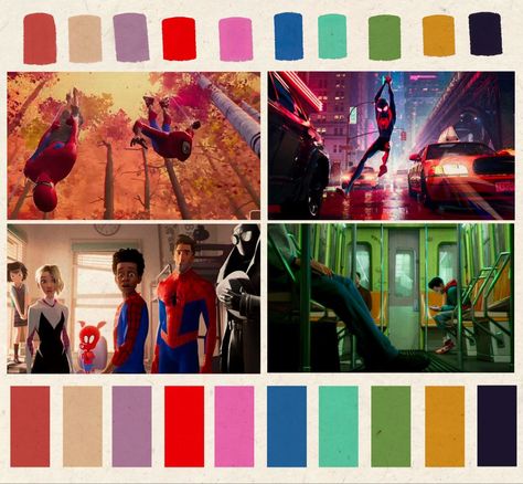 Vibrant graphic neon color pallete for the animated comicbook movie Spider-ManInto the Spider-Verse marvel spiderman intothespiderverse color colour graphic cinematography animation animated Color Schemes Illustration, Spiderman Colour Palette, Spiderman Color Pallete, Spiderman Across The Spider Verse Cinematography, Spiderverse Colour Palette, Spider Color Palette, Spiderman Across The Spider Verse Color Palette, Into The Spiderverse Color Palette, Spider Verse Color Palette